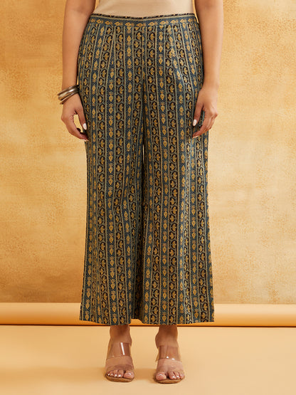 Blue Block Printed Peplum Short Kurta with Palazzo - Set of 2