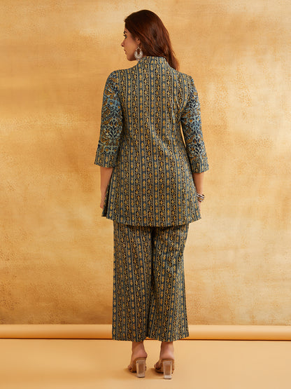 Blue Block Printed Peplum Short Kurta with Palazzo - Set of 2