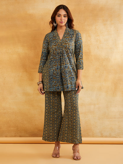 Blue Block Printed Peplum Short Kurta with Palazzo - Set of 2