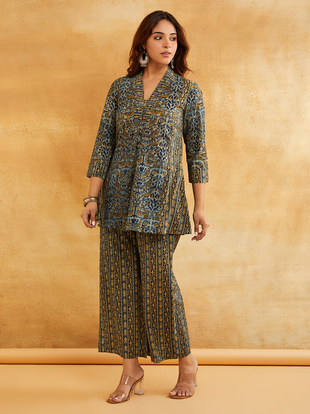 Blue Block Printed Peplum Short Kurta with Palazzo - Set of 2