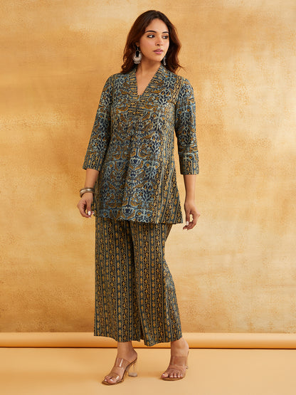 Blue Block Printed Peplum Short Kurta with Palazzo - Set of 2