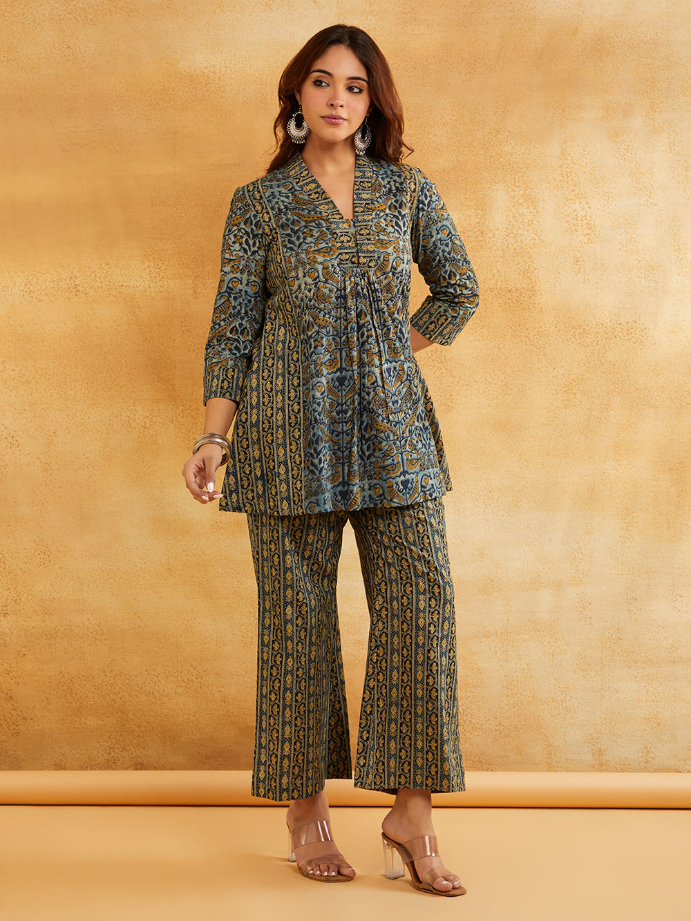 Blue Block Printed Peplum Short Kurta with Palazzo - Set of 2