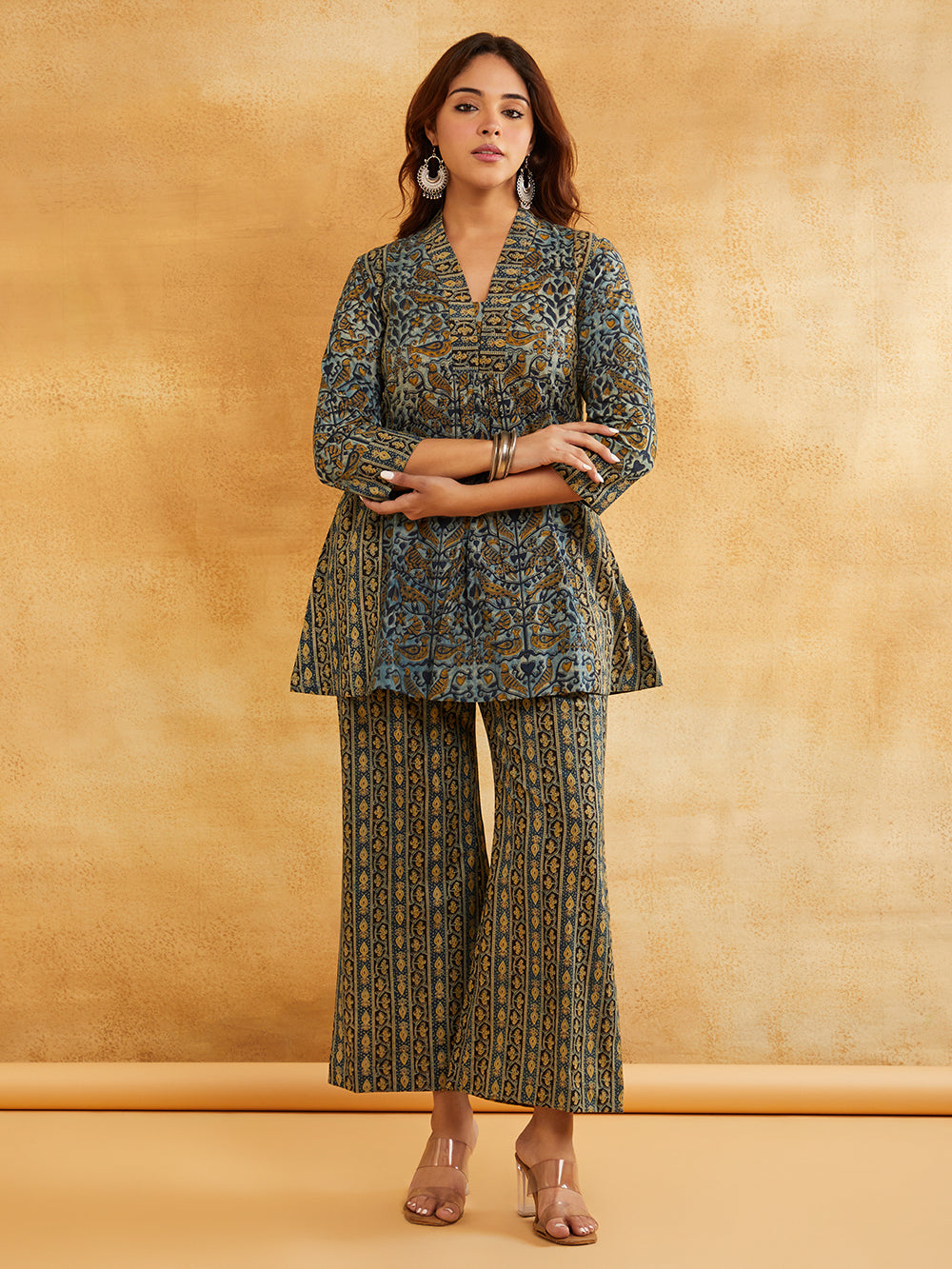 Blue Block Printed Peplum Short Kurta with Palazzo - Set of 2