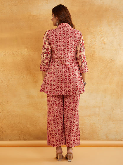 Pink Block Printed Peplum Short Kurta with Palazzo - Set of 2