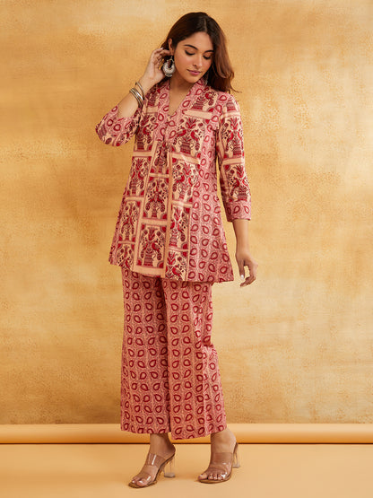 Pink Block Printed Peplum Short Kurta with Palazzo - Set of 2