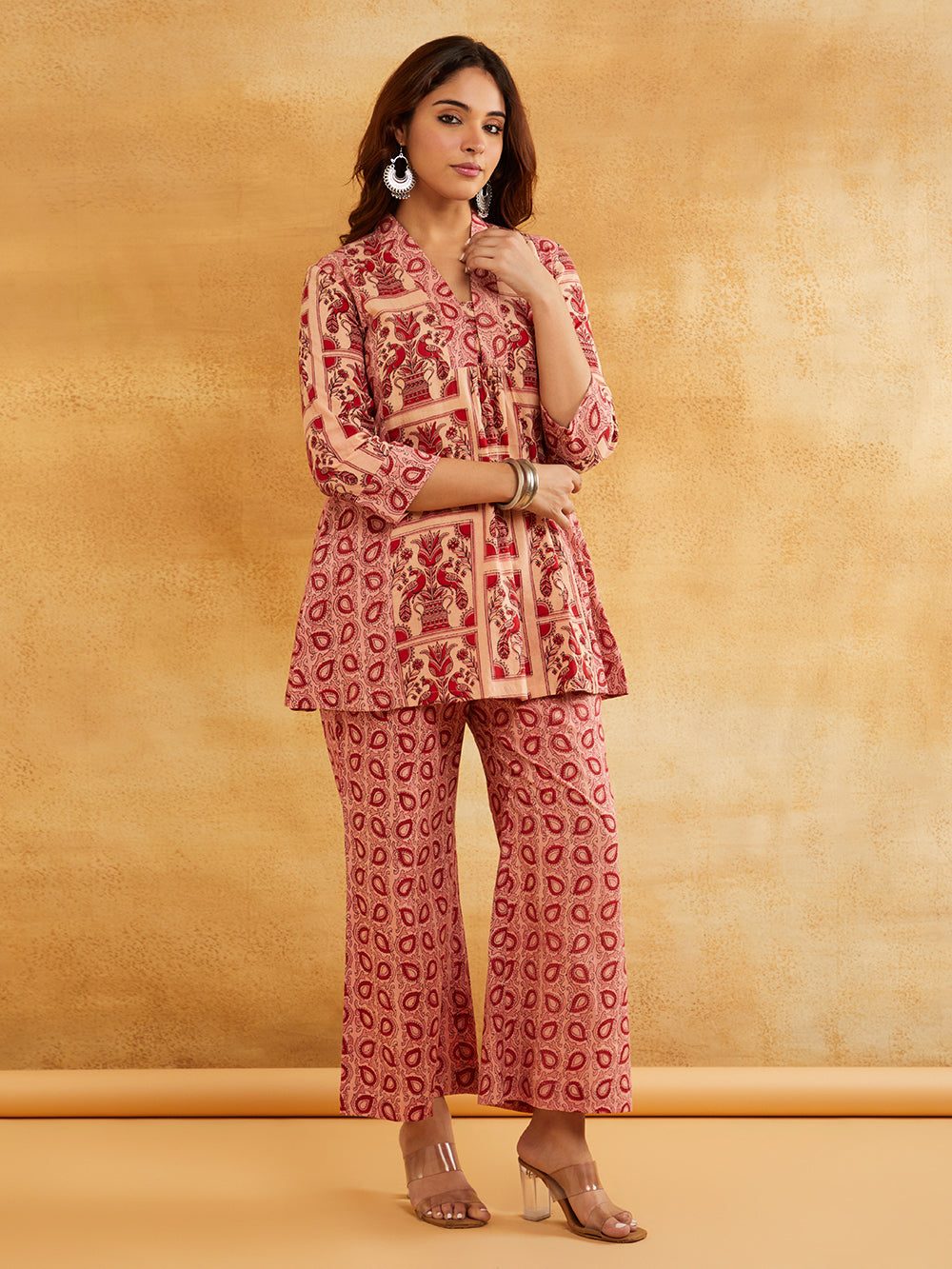 Pink Block Printed Peplum Short Kurta with Palazzo - Set of 2