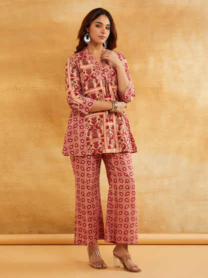 Pink Block Printed Peplum Short Kurta with Palazzo - Set of 2