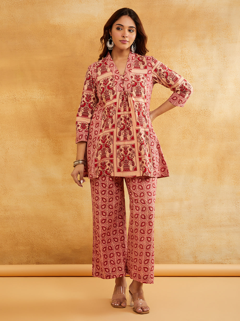 Pink Block Printed Peplum Short Kurta with Palazzo - Set of 2