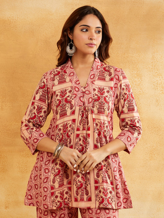Pink Block Printed Peplum Short Kurta with Palazzo - Set of 2