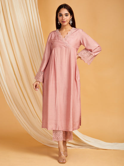 Silk Lace work Kurta with Pants