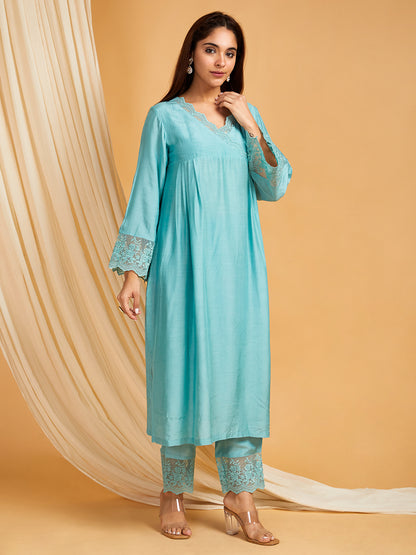 Lace Work Cotton Silk Kurta & Pants